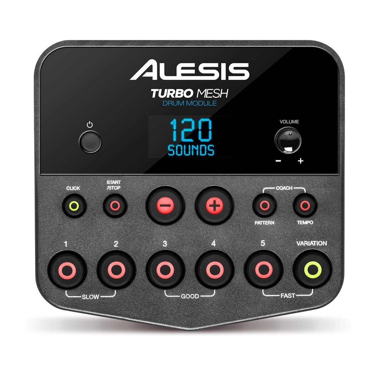 Alesis Turbo Mesh 5-piece electronic drum kit with mesh heads and kick pedal, featuring drum pads, cymbals, and control module.