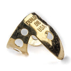 Dunlop Brass Finger Pick .018 for guitar playing, shown on a person's finger, highlighting its metallic material and small size.