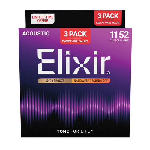 Elixir 16564 Nanoweb 80/20 11-52 3 Pk Custom Light Acoustic Guitar Strings