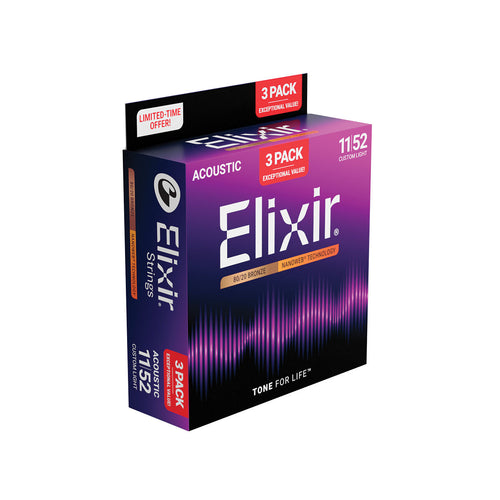 Elixir 16564 Nanoweb 80/20 11-52 3 Pk Custom Light Acoustic Guitar Strings
