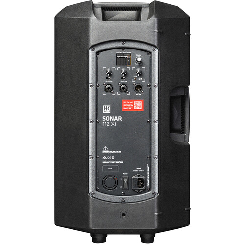 HK Audio Sonar 112 Xi powered speaker with 12-inch woofer and Bluetooth connectivity, shown from a side angle.
