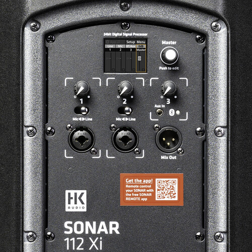 HK Audio Sonar 112 Xi powered speaker with 12-inch driver and Bluetooth connectivity, showing front view with control panel and grille.