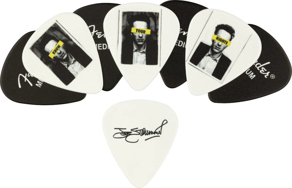 Fender Joe Strummer Medium Guitar Pick, Tim 8, showing a close-up of the pick with Fender branding and design details.