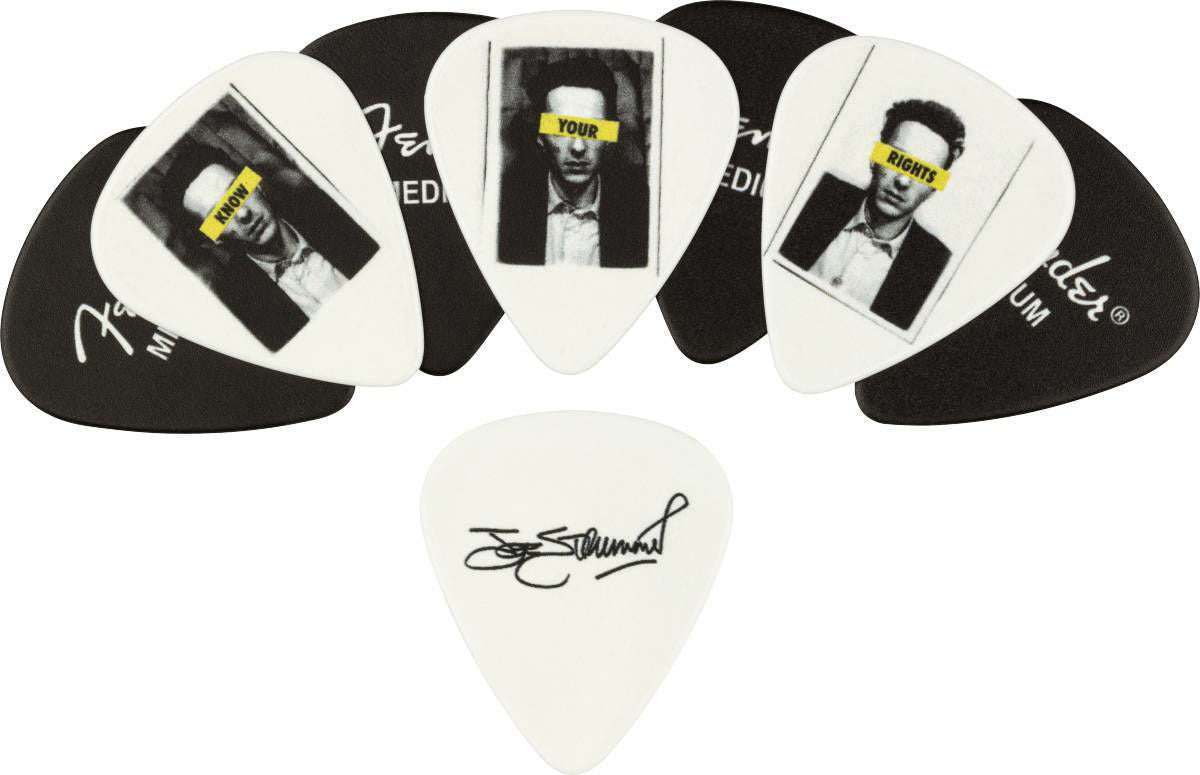 Fender Joe Strummer Medium Guitar Pick, Tim 8, showing a close-up of the pick with Fender branding and design details.