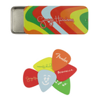 Fender George Harrison Rocky Pick Tin Med with multiple guitar picks inside, designed for guitar players.