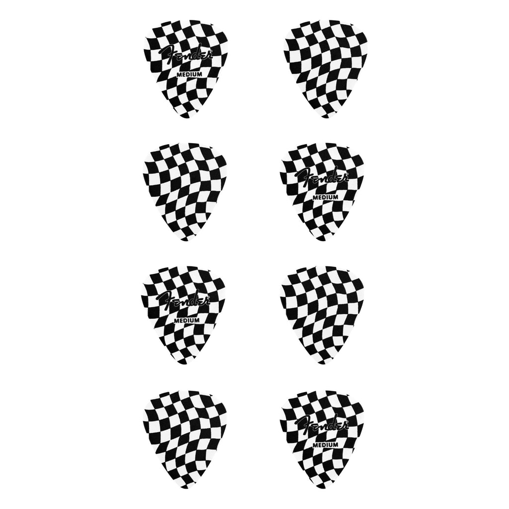 Fender 351 Celluloid Guitar Picks with checkerboard pattern, set of 8, designed for smooth strumming and precise playing.