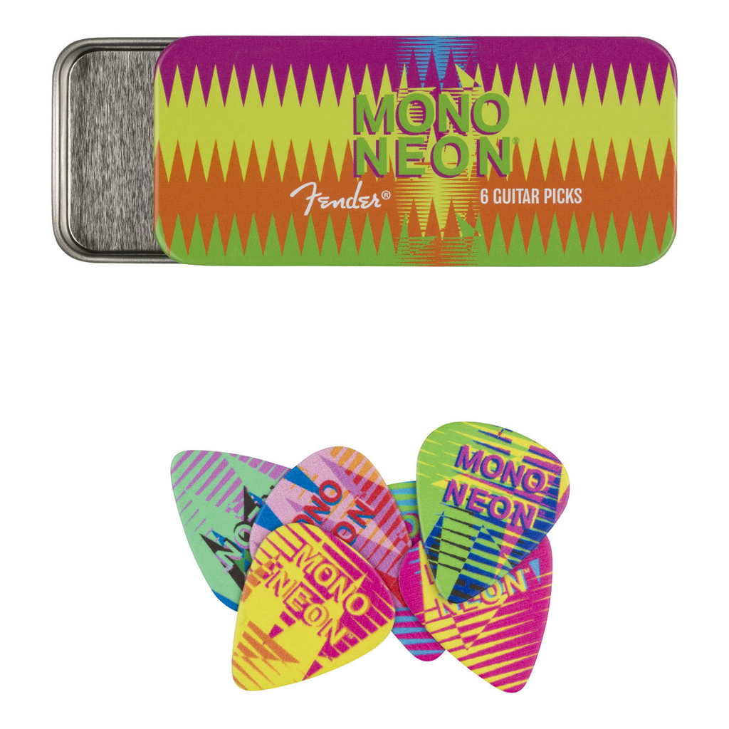 Fender MonoNeon pick tin containing six medium guitar picks with colorful design and Fender branding on the packaging.