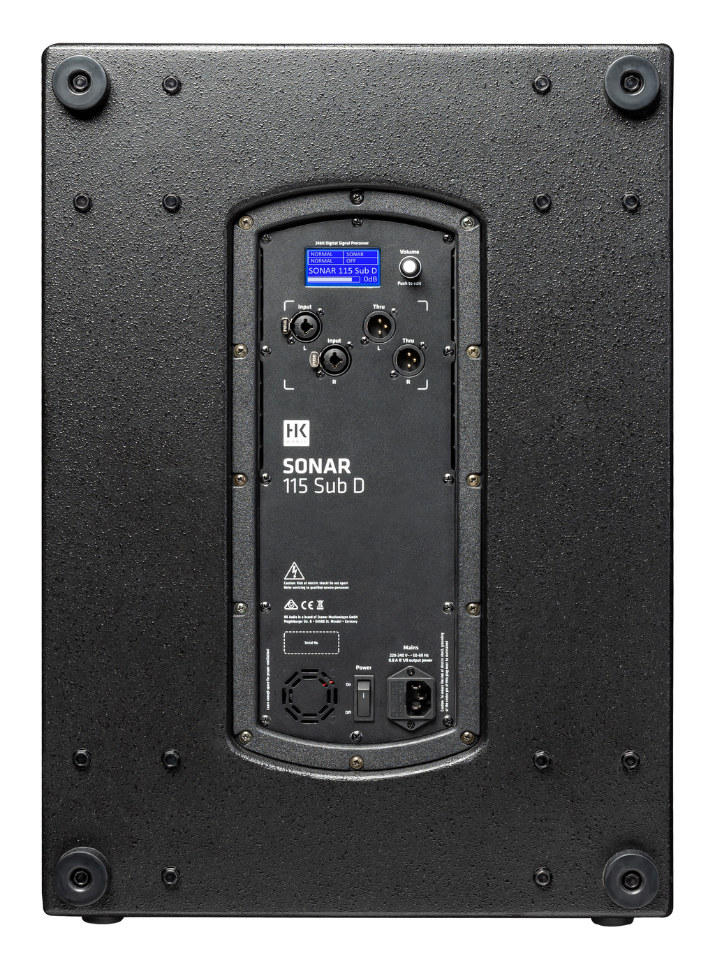 HK Audio Sonar 115 SUB D powered subwoofer with a sturdy black enclosure and control panel, designed for professional audio setups.