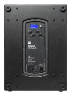 HK Audio Sonar 115 SUB D powered subwoofer with a sturdy black enclosure and control panel, designed for professional audio setups.