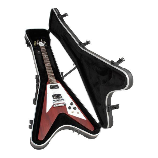 SKB Flying V hardshell guitar case with black exterior and padded interior, designed to protect Flying V electric guitars.