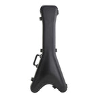 SKB Flying V hard shell guitar case with black exterior and silver hardware, designed for electric guitars.