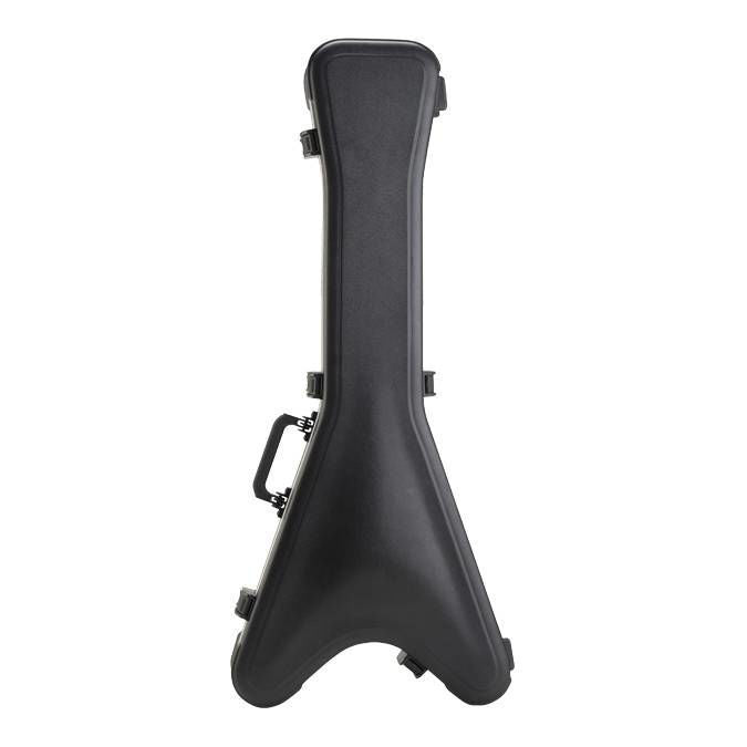 SKB Flying V hard shell guitar case with black exterior and silver hardware, designed for electric guitars.