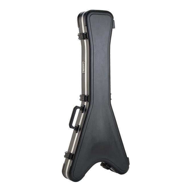 SKB Flying V hard shell guitar case with padded interior and secure latches, designed for protecting Flying V electric guitars.