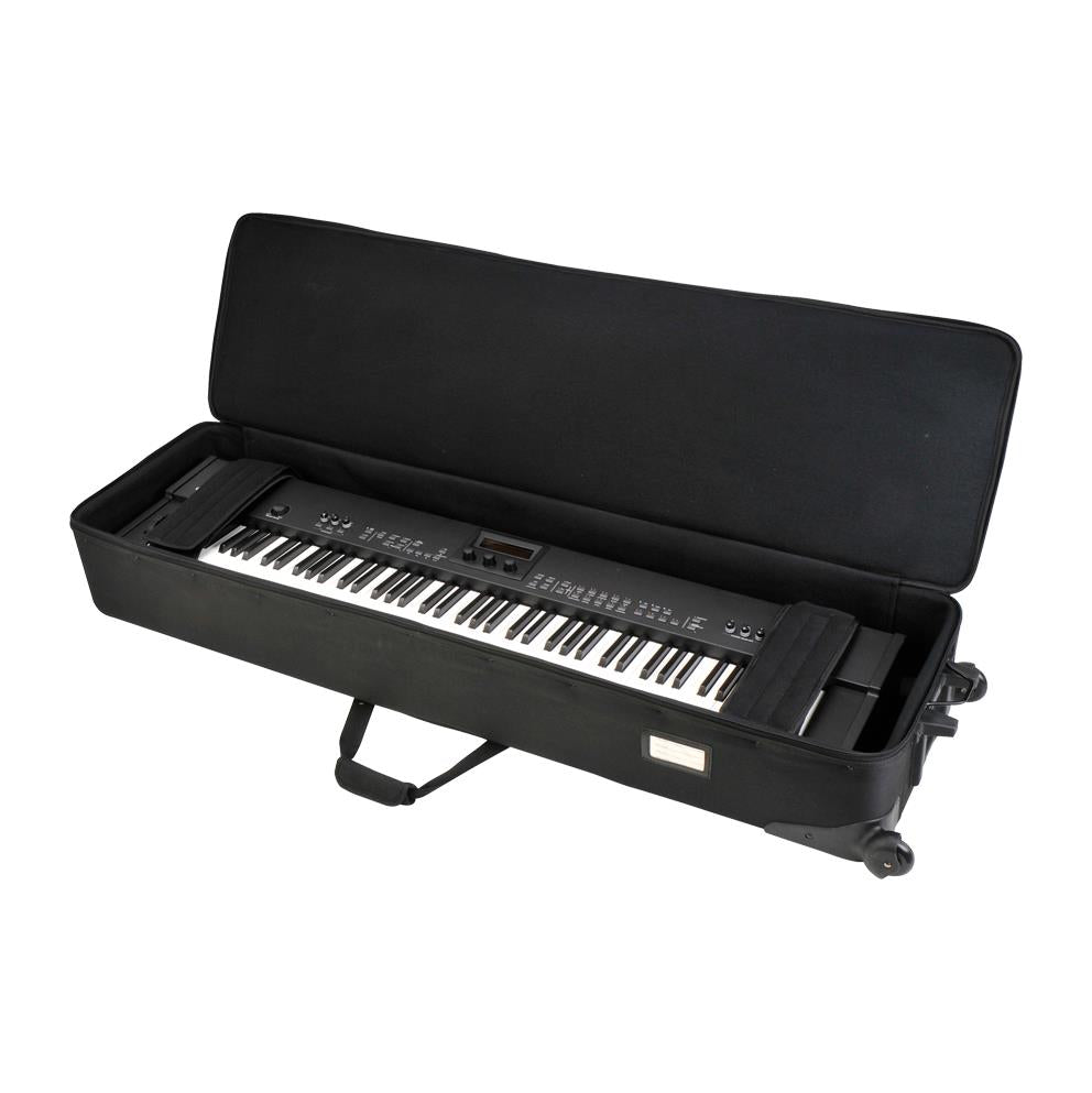 SKB soft case for 88-note narrow keyboards, showing padded exterior and zipper closure, designed for secure transport of musical keyboards.