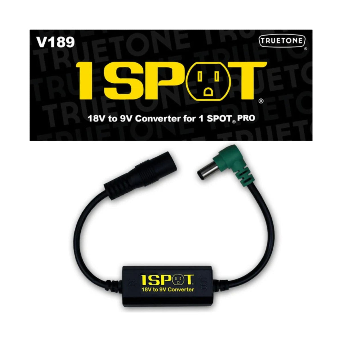 Truetone 1Spot 18V to 9V converter cable for effects power supplies, shows black cable with connectors for guitar pedals.