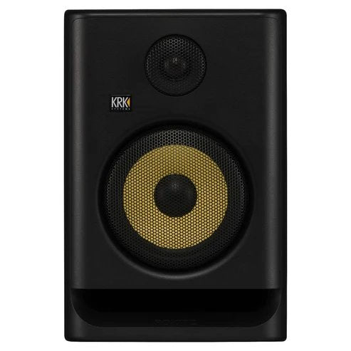 Front view of a KRK Rokit RP7G5 5th Gen studio monitor speaker with protective grille, showing the speaker's design and branding.