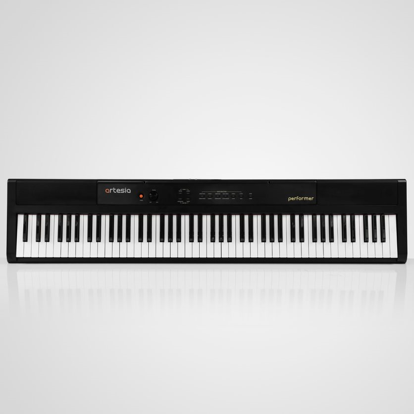Artesia Pro Performer portable digital piano in black with keys and control panel visible, perfect for on-the-go music practice.