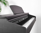 Artesia DP-3 digital piano with matching bench in a rich rosewood finish, showcasing the full instrument and bench setup.