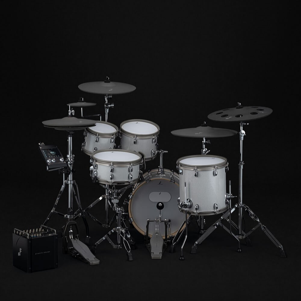 Efnote EFNOTE PRO 502 modern 5-piece electronic stage drum kit with drum pads, cymbals, and control module on a white background.