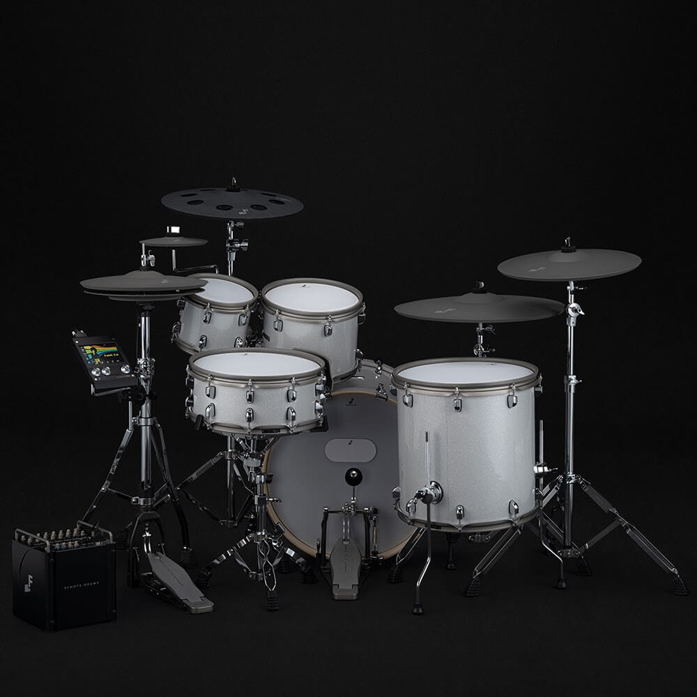 EFNOTE PRO 702 modern 5-piece electronic stage drum kit with drum pads, cymbals, and control module for live performances.