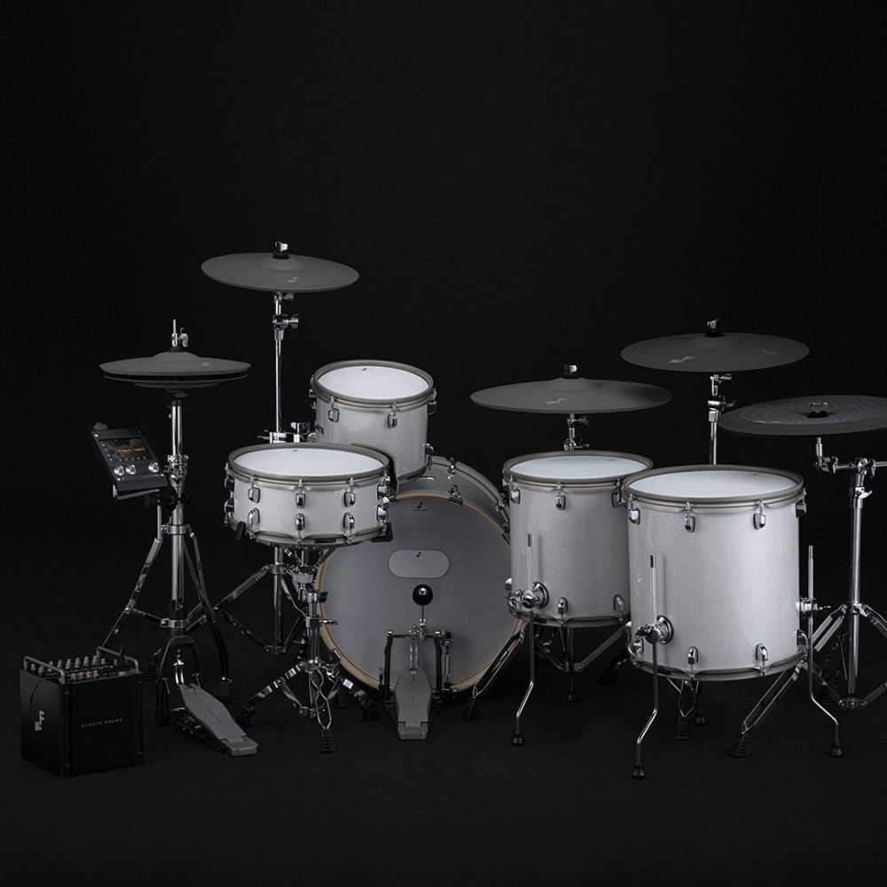 EFNOTE PRO 703 Power 5-piece electronic stage drum kit with drum pads, cymbals, and control module for live performances.
