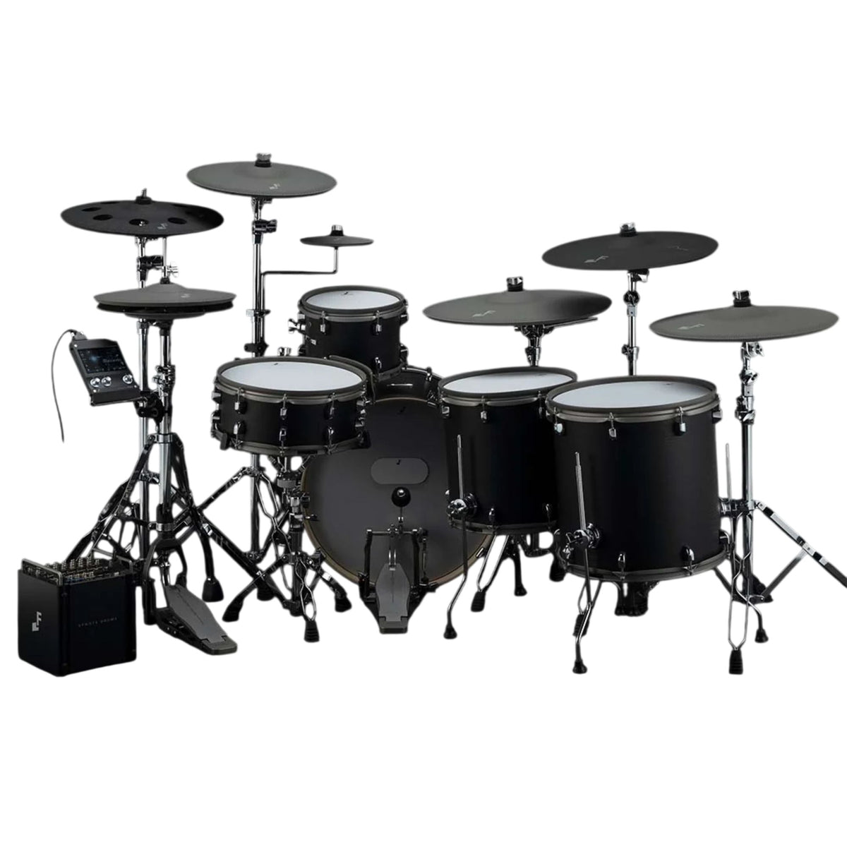 Efnote Pro 703X electronic drum kit with hardware, featuring drum pads, cymbals, and control module for electronic drumming.