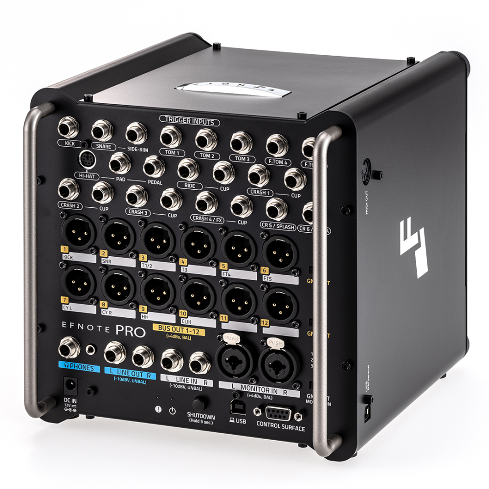 Efnote EFD-PRO Pro Sound Module for electronic drums, featuring control knobs and input ports on a black electronic drum accessory.