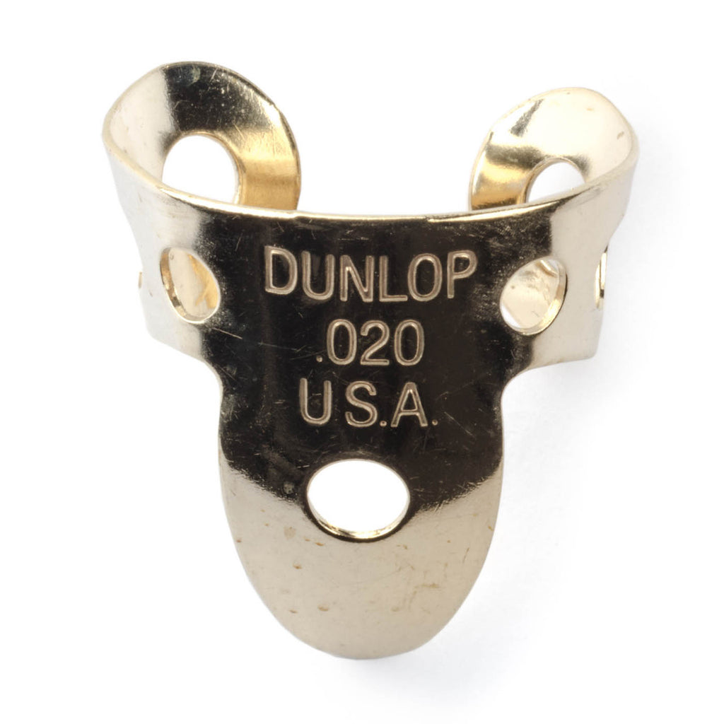 Dunlop brass finger pick .020 for guitar, showing a shiny brass pick designed for fingerstyle playing and precise string plucking.