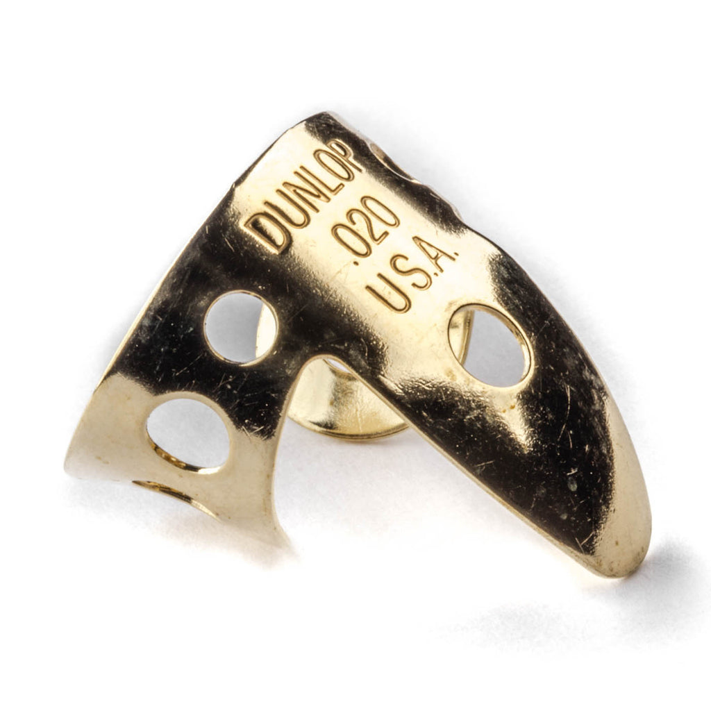 Dunlop Jim Dunlop Brass Finger Pick .020 for guitar playing, shown on a plain background with a shiny brass finish.
