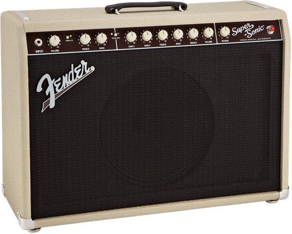 Fender Super Sonic 22 Blonde guitar amplifier combo with vintage-style control panel and cream-colored grille cloth.