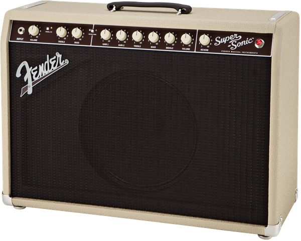 Fender Super Sonic 22 Blonde guitar amplifier combo with control knobs and vintage-style design.