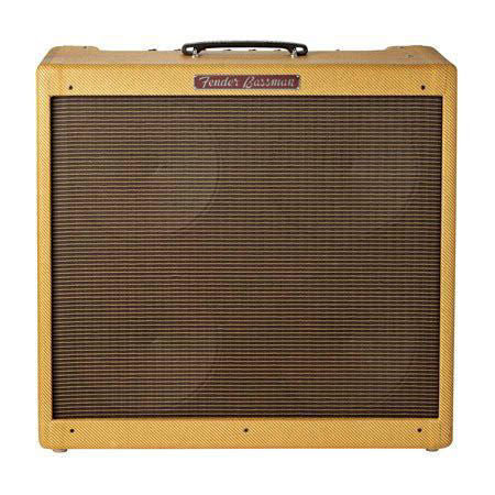 Fender 59 Bassman guitar amplifier with vintage-style control knobs and classic black tolex exterior, on a wooden surface.