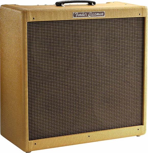 Fender 59 Bassman guitar amplifier with vintage design, control knobs, and speaker grille, showcasing classic Fender style.