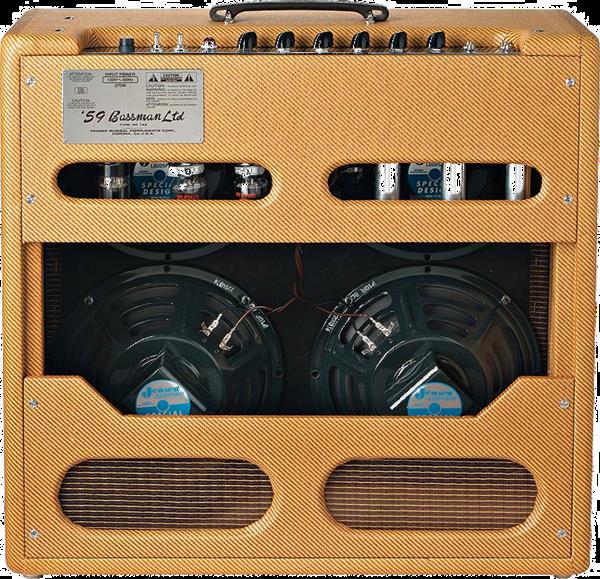 Fender 59 Bassman guitar amplifier with vintage-style control panel and speaker grille, designed for electric bass and guitar.