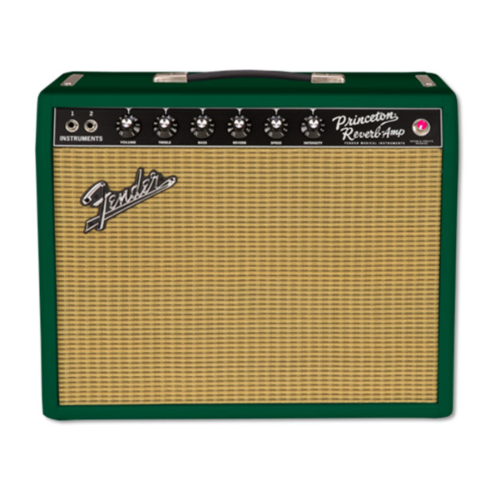 Fender 65 Princeton Reverb guitar amplifier in British Racing Green with Wheat grille and 12-inch Celestion G1265 speaker.