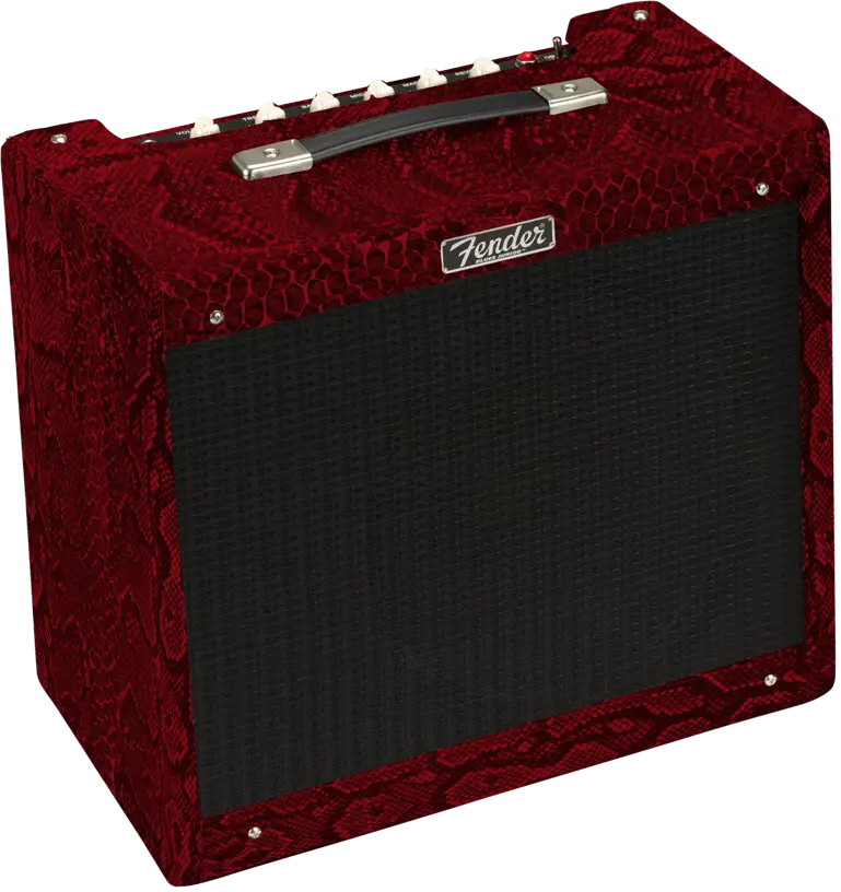 Fender Blues Junior IV guitar combo amplifier in red snakeskin and black finish, featuring control knobs and speaker grille.