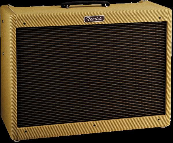 Fender Blues Deluxe Reissue guitar amplifier with vintage-style control panel and speaker grille, placed on a wooden floor.