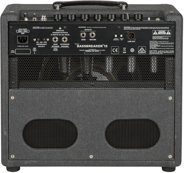 Fender Bassbreaker 15 combo guitar amplifier with control knobs and speaker grille, designed for electric guitar sound.