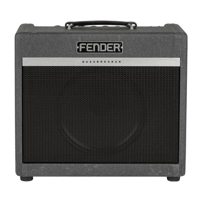 Fender Bassbreaker 15 Combo guitar amplifier with control knobs and speaker grille, designed for electric guitar sound.