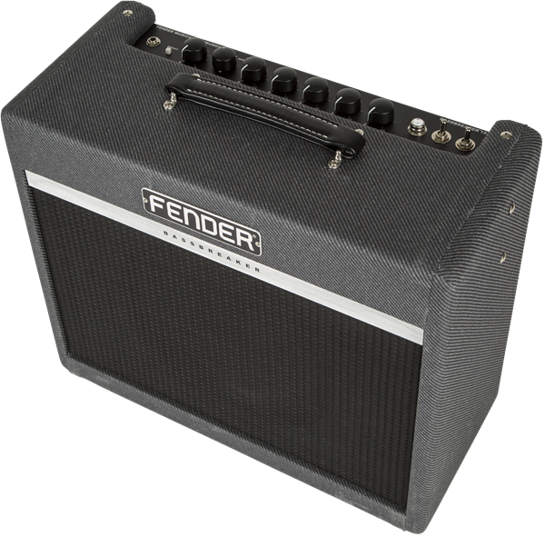 Fender Bassbreaker 15 Combo guitar amplifier with silver control panel and black casing, showcasing its compact design.