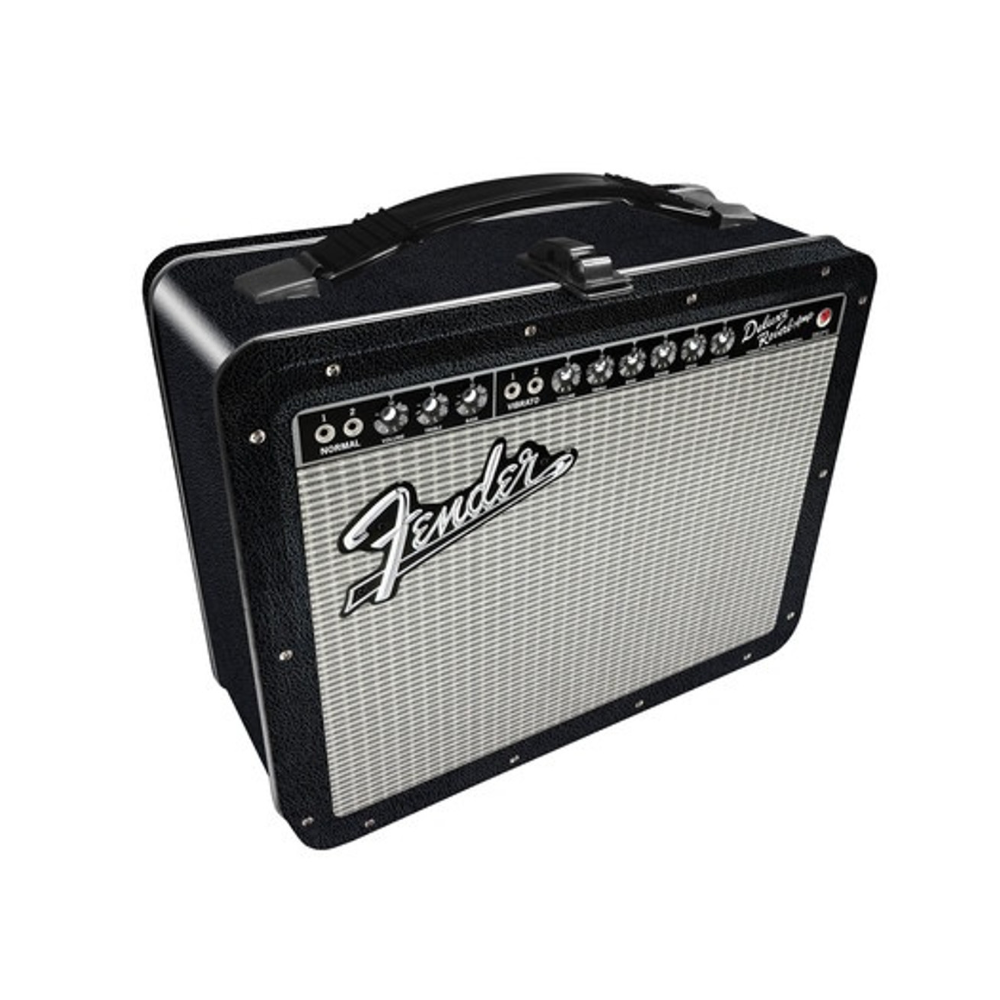 Fender Black Tolex Lunchbox with guitar-themed design, classic rectangular shape, and metal latch, perfect for gifts and novelty use.