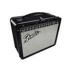 Fender Black Tolex Lunchbox with guitar-themed design, classic rectangular shape, and metal latch, perfect for gifts and novelty use.