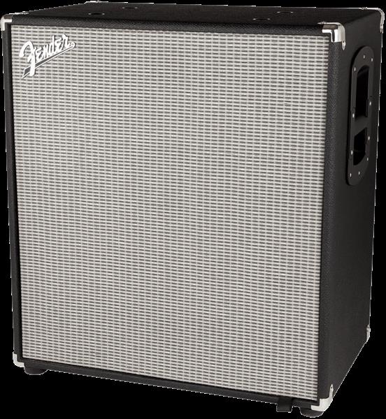 Fender Rumble 410 bass amplifier speaker cabinet with four speaker cones and durable black casing.