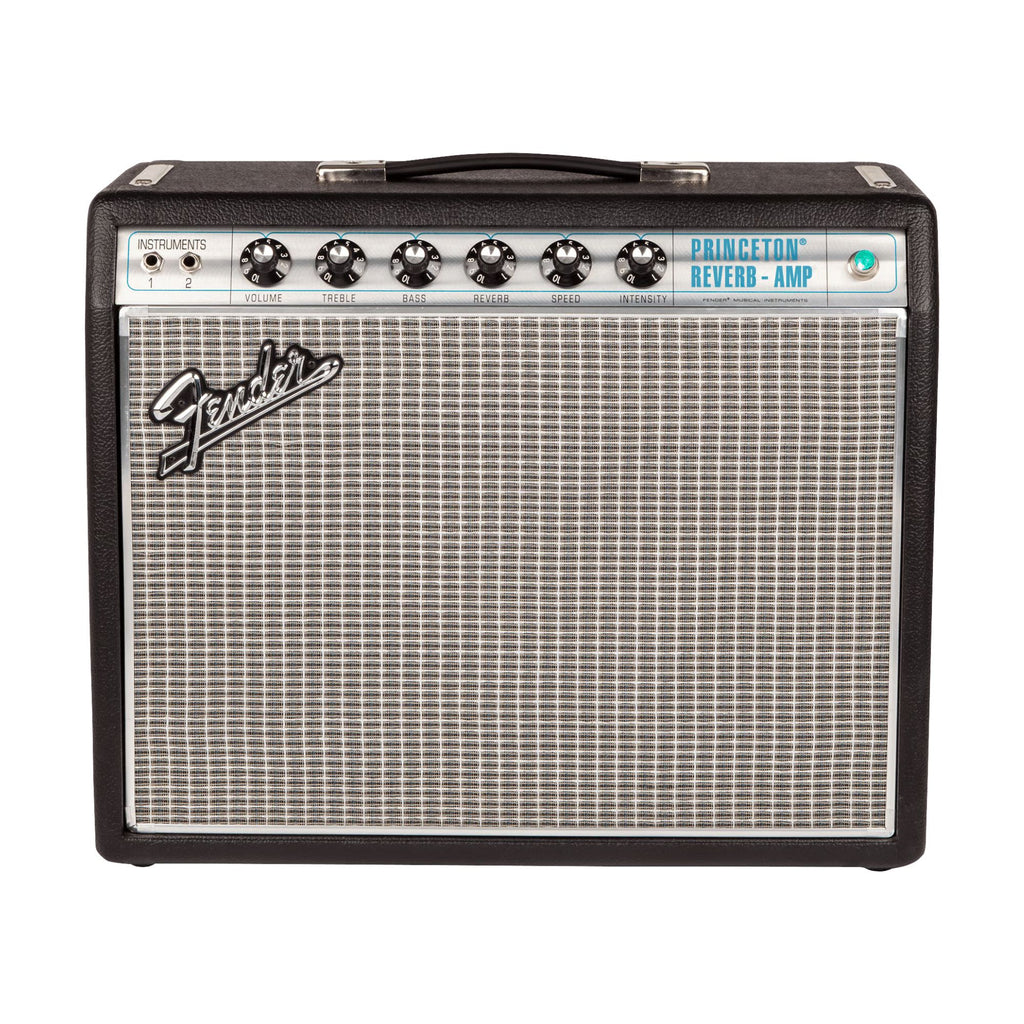 Fender 68 Custom Princeton Reverb guitar combo amplifier with control knobs and vintage styling, ideal for electric guitar sound.