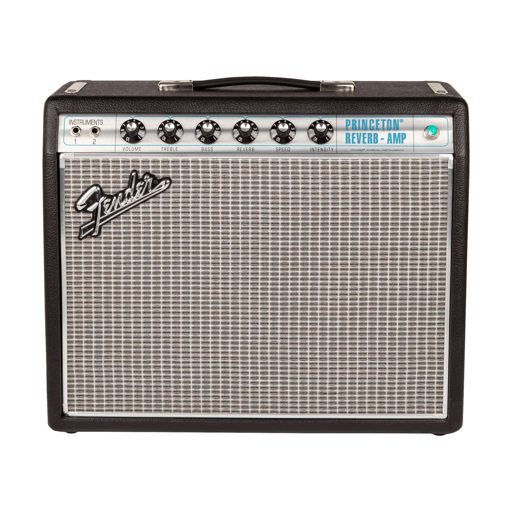 Fender 68 Custom Princeton Reverb guitar combo amplifier with control knobs and vintage styling, ideal for electric guitar sound.