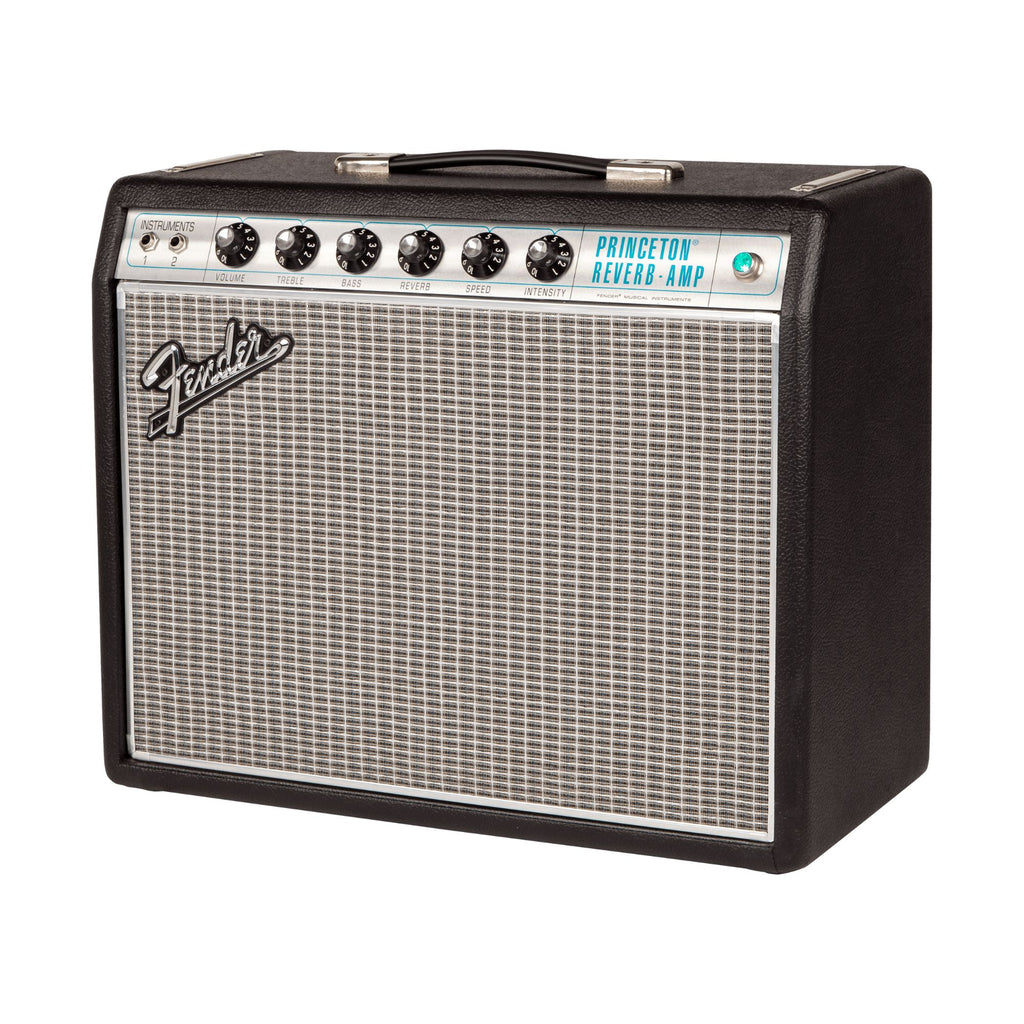 Fender 68 Custom Princeton Reverb guitar combo amplifier with control knobs and vintage design for musical performance