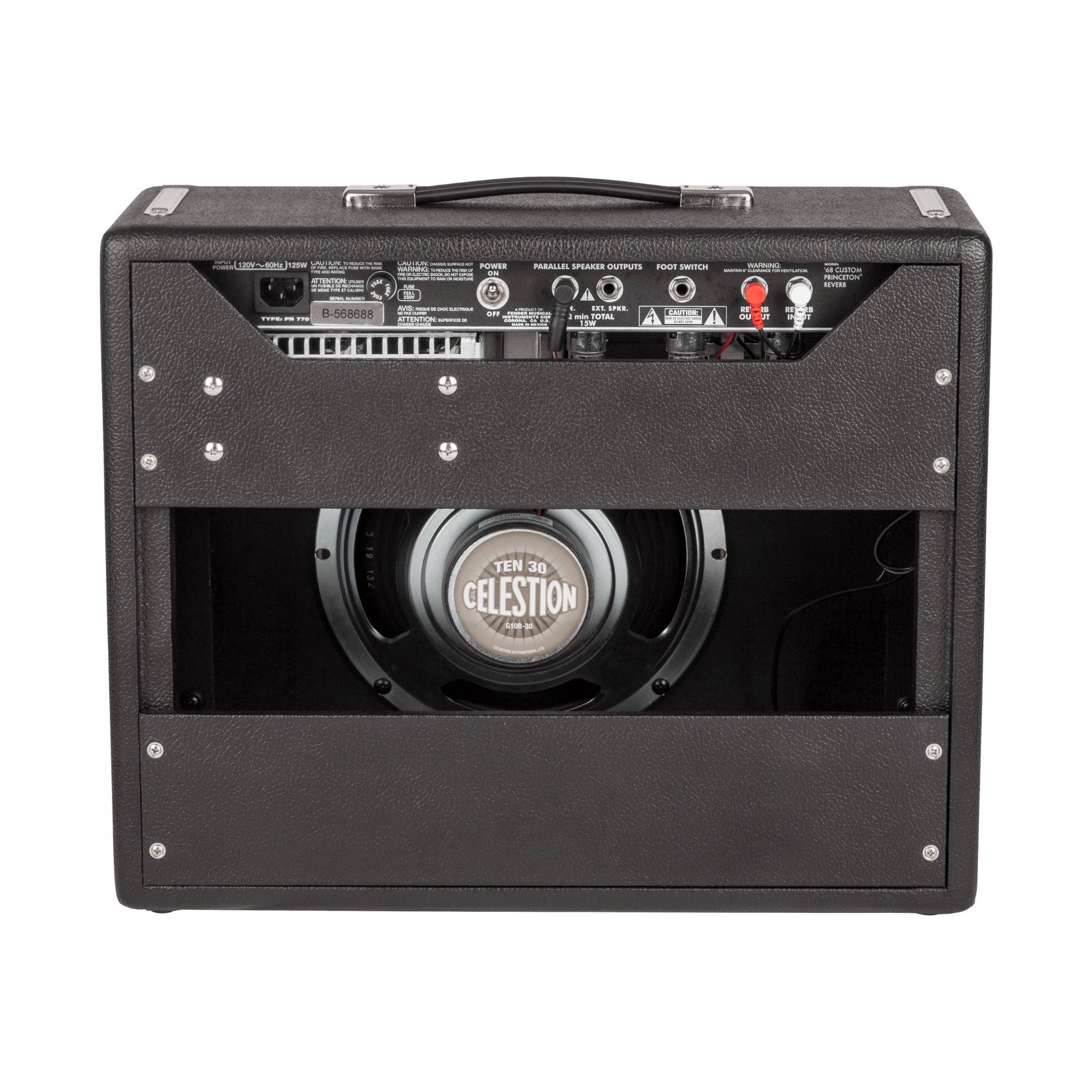 Fender 68 Custom Princeton Reverb guitar combo amplifier with control knobs and vintage-style design.