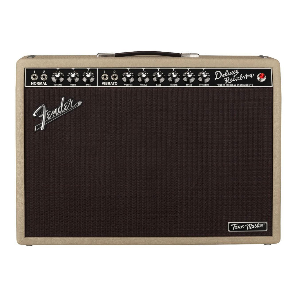 Fender Tone Master Deluxe Reverb guitar amplifier in blonde finish, with control knobs and vintage-style grille cloth.