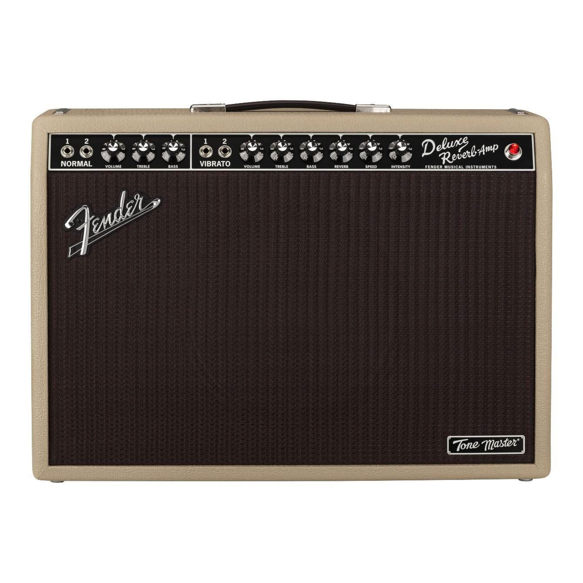 Fender Tone Master Deluxe Reverb guitar amplifier in blonde finish, with control knobs and vintage-style grille cloth.