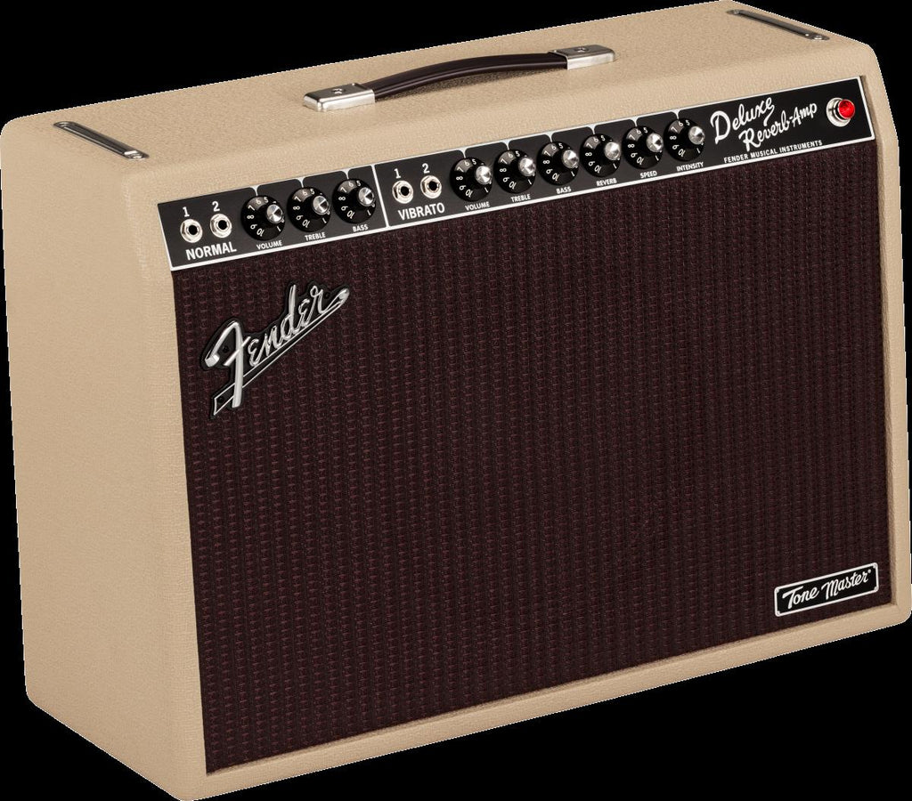Fender Tone Master Deluxe Reverb blonde guitar amplifier with vintage-style control panel and silver grille cloth.